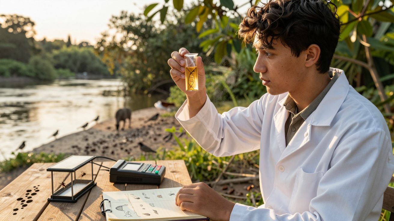 Jovem cientista examina amostra de água junto a rio, com caderno e equipamento numa mesa de madeira.