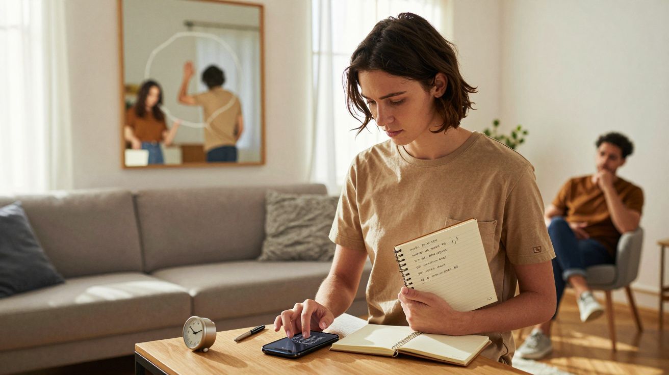 Mulher sentada a estudar com caderno e telemóvel, homem ao fundo sentado a observar pensativo.