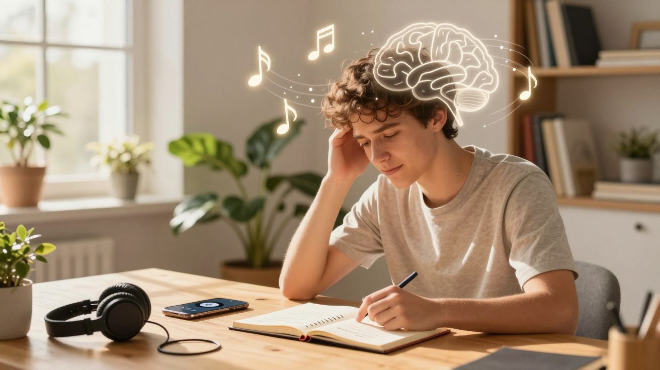 Jovem a escrever num caderno com símbolos musicais e um cérebro iluminado a flutuar acima da cabeça.