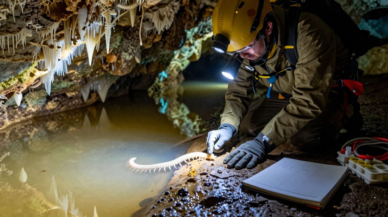 Explorador de caverna com capacete e lanterna observa centopeia gigante junto a água cristalina e estalactites.