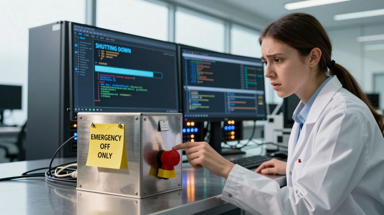 Mulher em laboratório a pressionar botão de emergência perto de monitores com código informático.