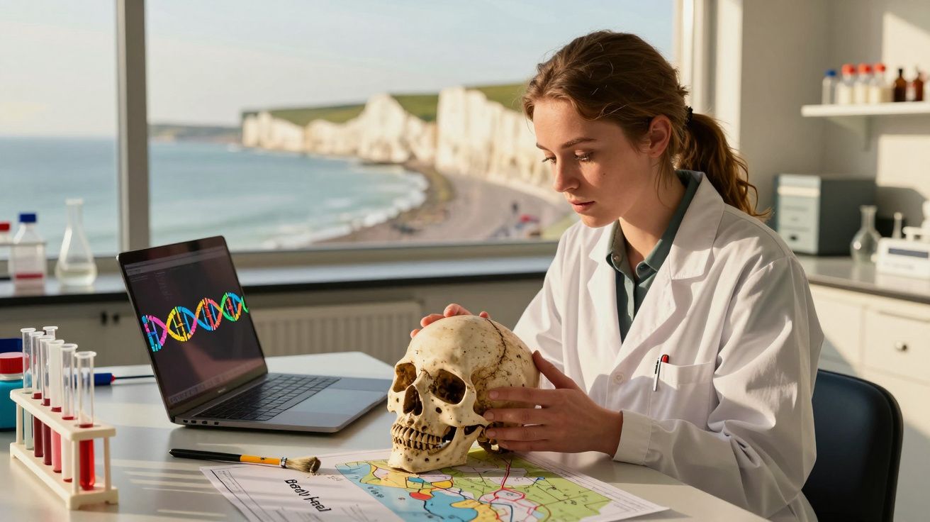Jovem cientista em laboratório analisa um crânio humano com mapa e computador ao fundo.