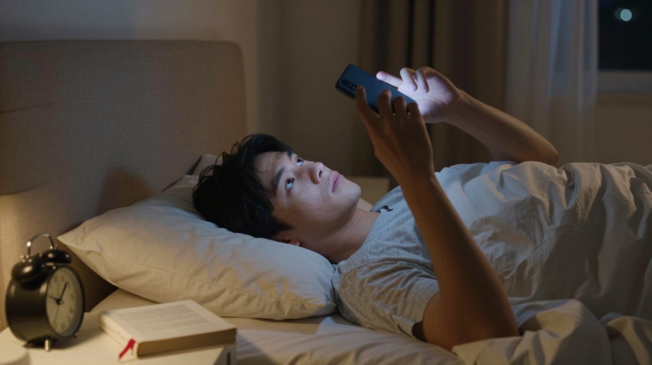 Homem deitado na cama a olhar para o telemóvel com luz do ecrã iluminando o rosto durante a noite.