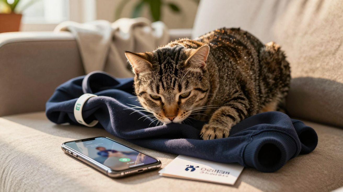 Gato castanho às riscas deitado numa camisola azul num sofá, próximo de um telemóvel e cartão de visita.