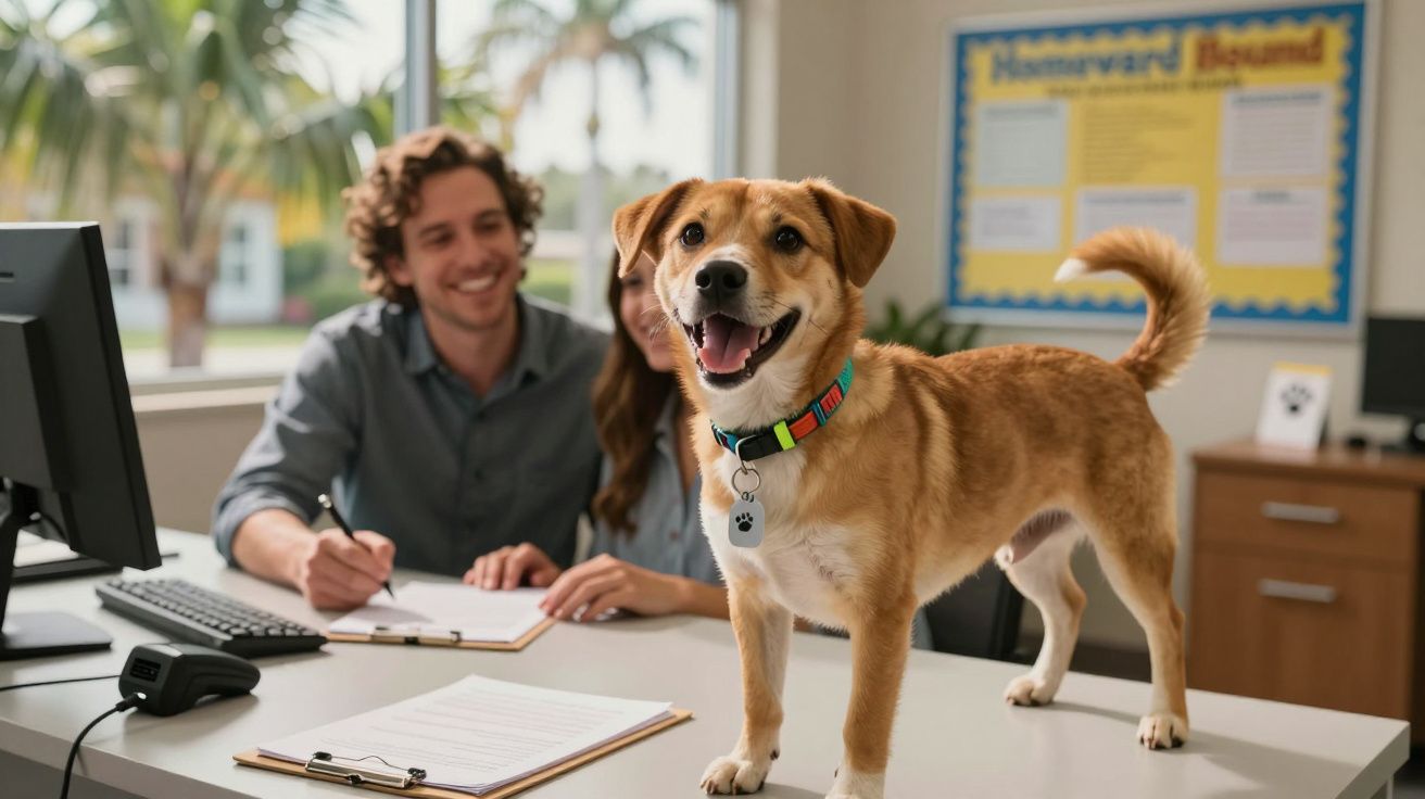 Cão sorridente em cima de secretária de escritório, com duas pessoas atrás a escreverem.