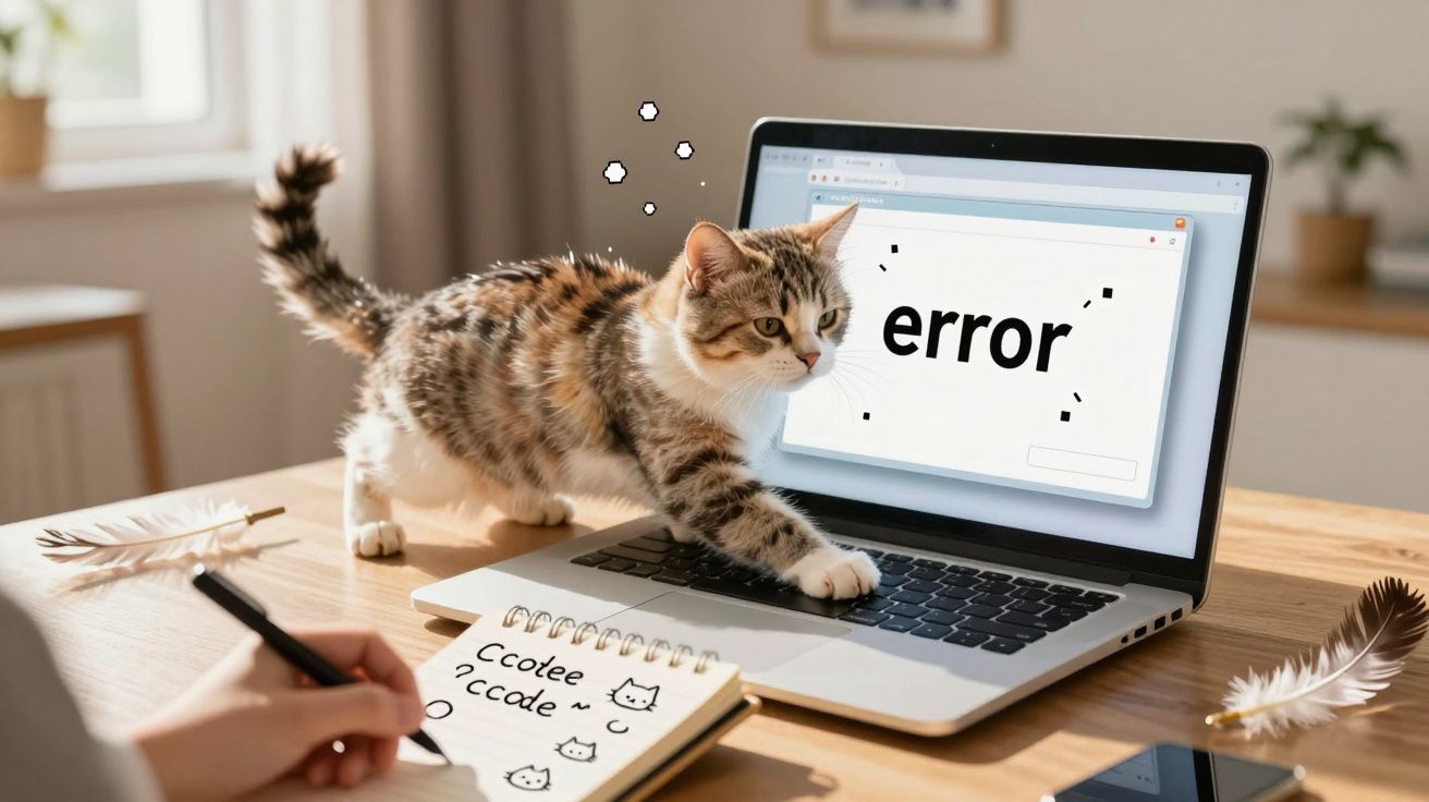 Gato a caminhar sobre um computador portátil com mensagem de erro no ecrã e caderno com anotações.