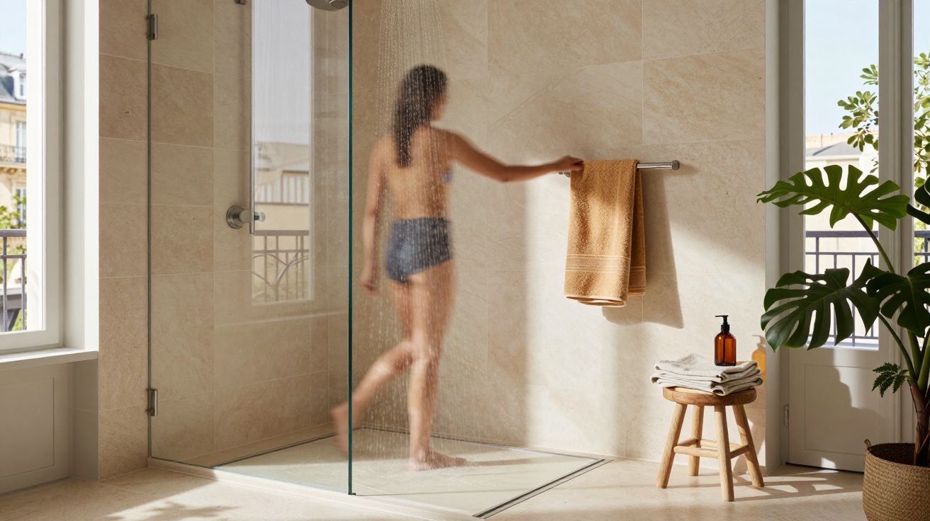 Pessoa a sair de duche de vidro num casa de banho luminosa com toalha e plantas.