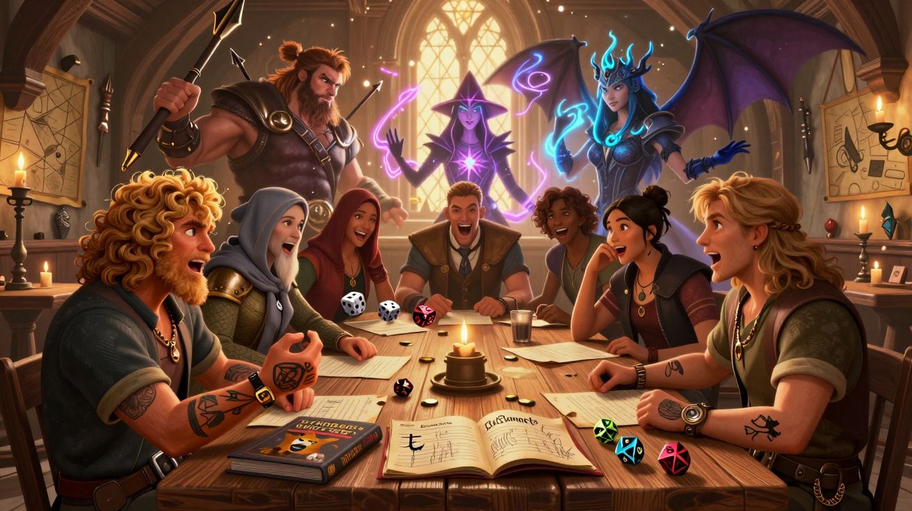 Grupo de jogadores a jogar RPG à mesa com dados coloridos, livros e personagens fantásticos ao fundo.