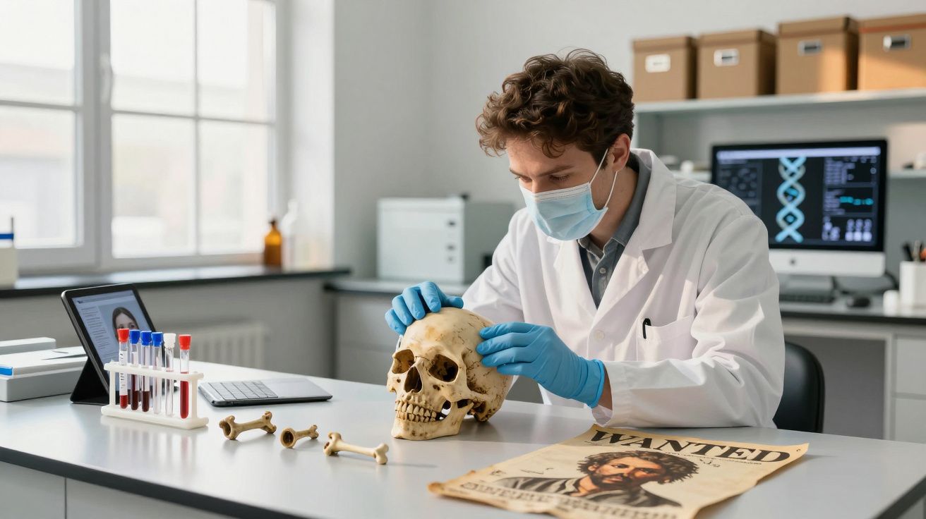 Cientista com máscara e luvas examina crânio humano num laboratório moderno com amostras e computador.