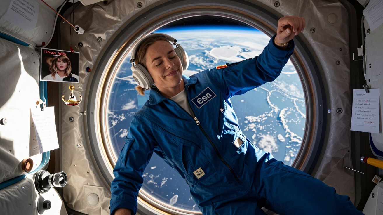 Astronauta da ESA em fato azul flutua sorridente junto à janela da Estação Espacial Internacional com vista para a Terra.