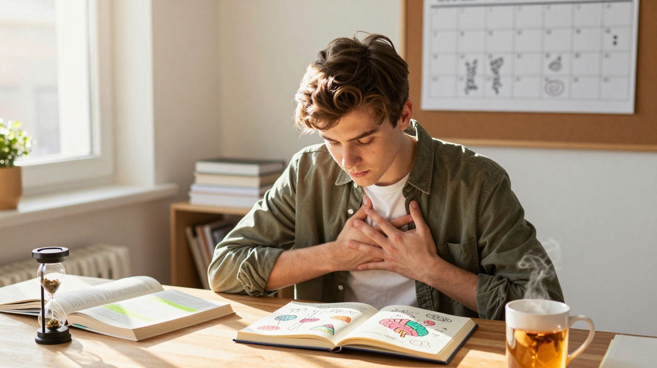 Jovem sentado a estudar livros sobre o cérebro com as mãos no peito, parecendo desconforto.