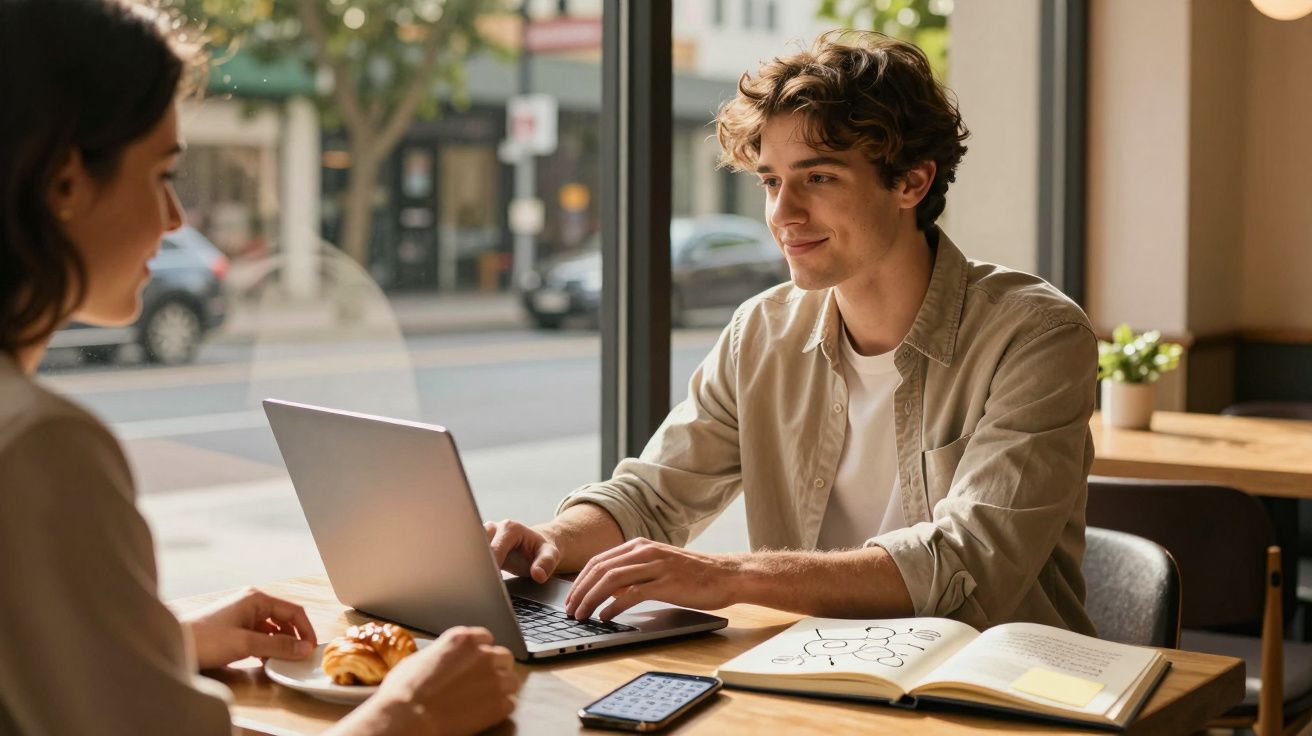 Jovem a trabalhar num portátil com livro aberto e outra pessoa presente num café iluminado pela luz natural.
