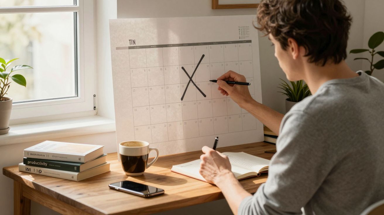 Pessoa a assinalar um dia num calendário de parede, sentada numa mesa com livros, café e telemóvel.