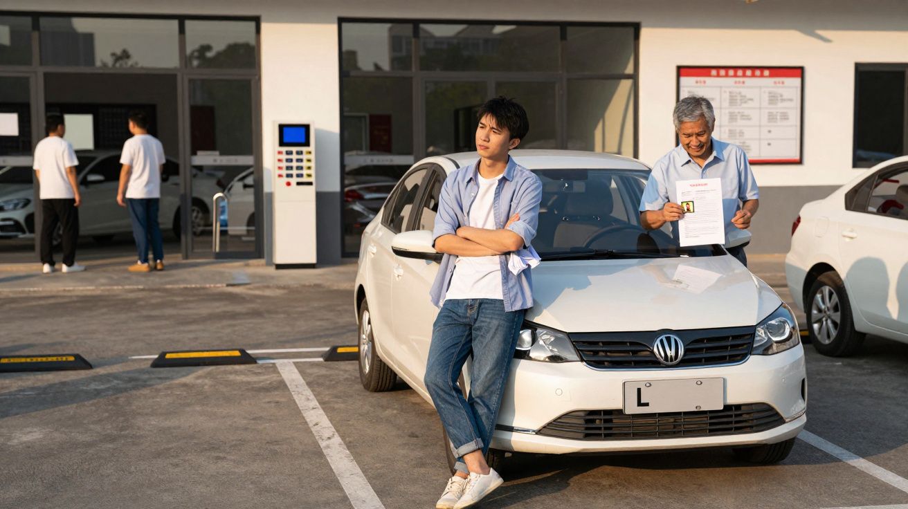 Homem jovem encostado num carro branco estacionado, homem mais velho segurando documento sorridente.