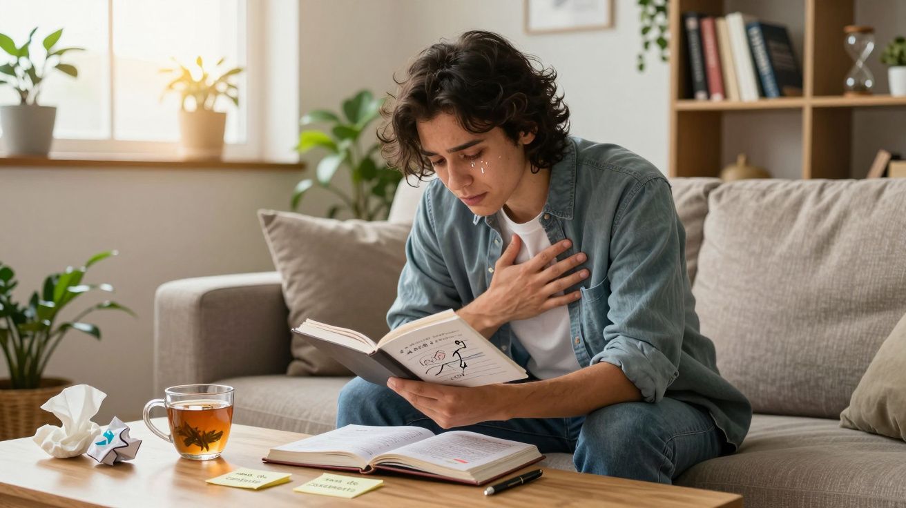 Pessoa jovem a ler livro emocionada e a chorar sentada num sofá na sala de estar.
