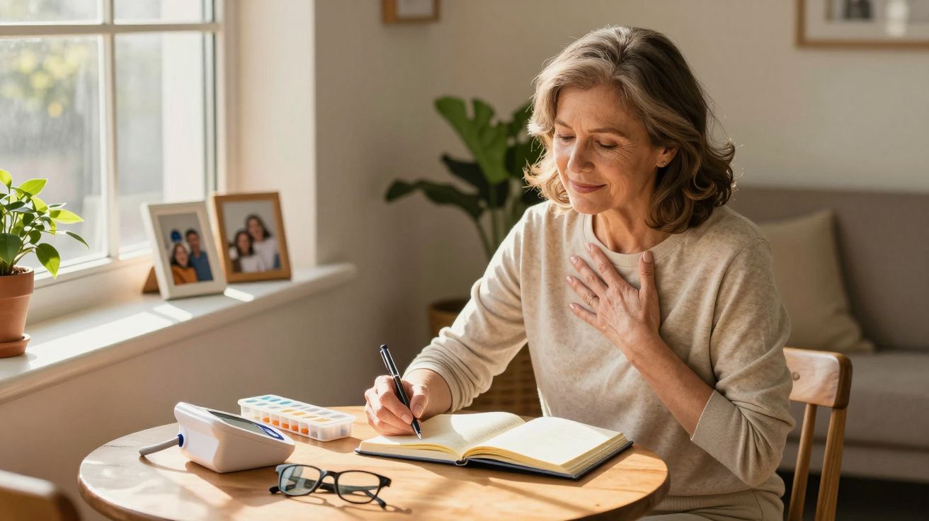 Mulher sentada a escrever num caderno, com máquina de medição de glicémia e óculos numa mesa iluminada pela luz natural.