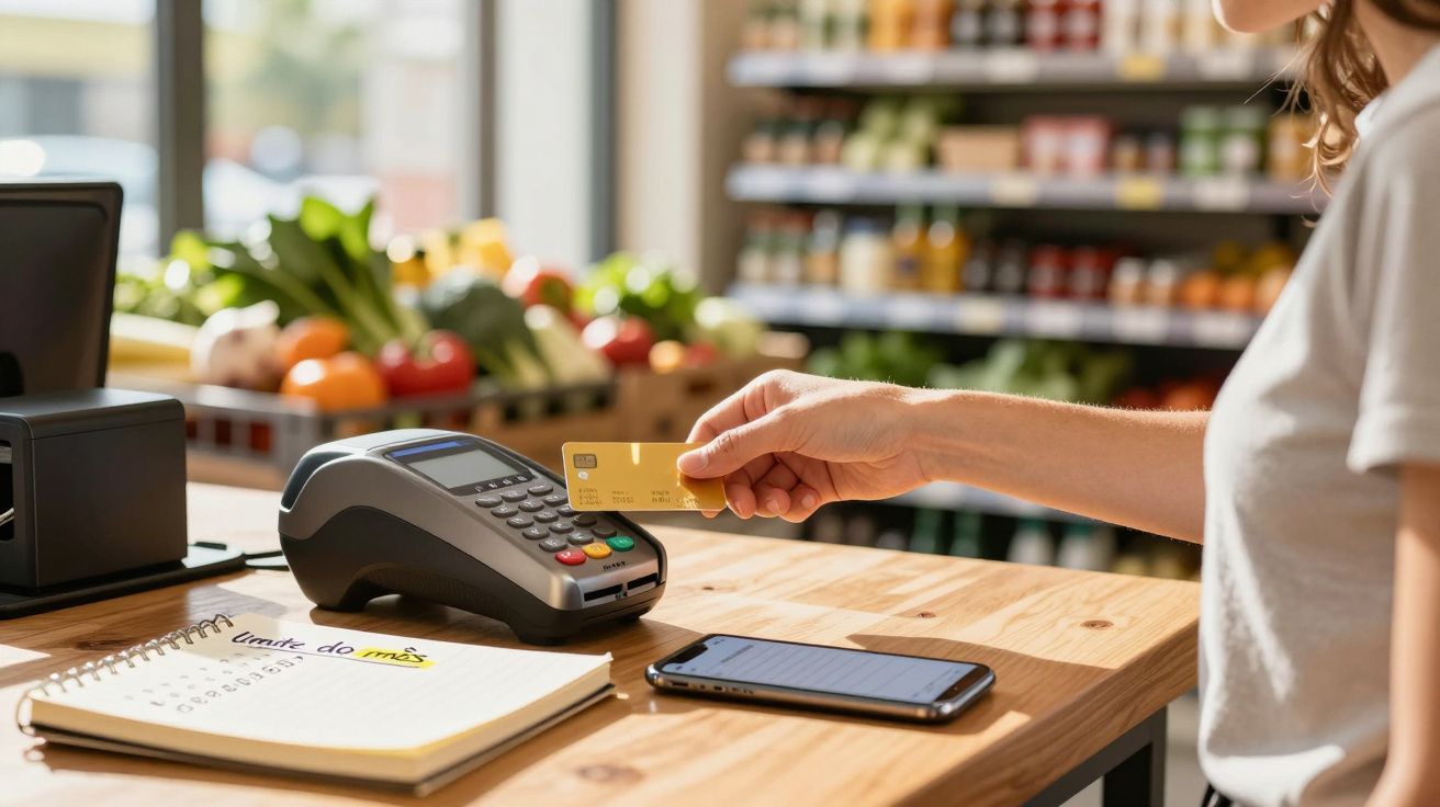 Pessoa a pagar com cartão contactless numa loja com legumes ao fundo e caderno na mesa.