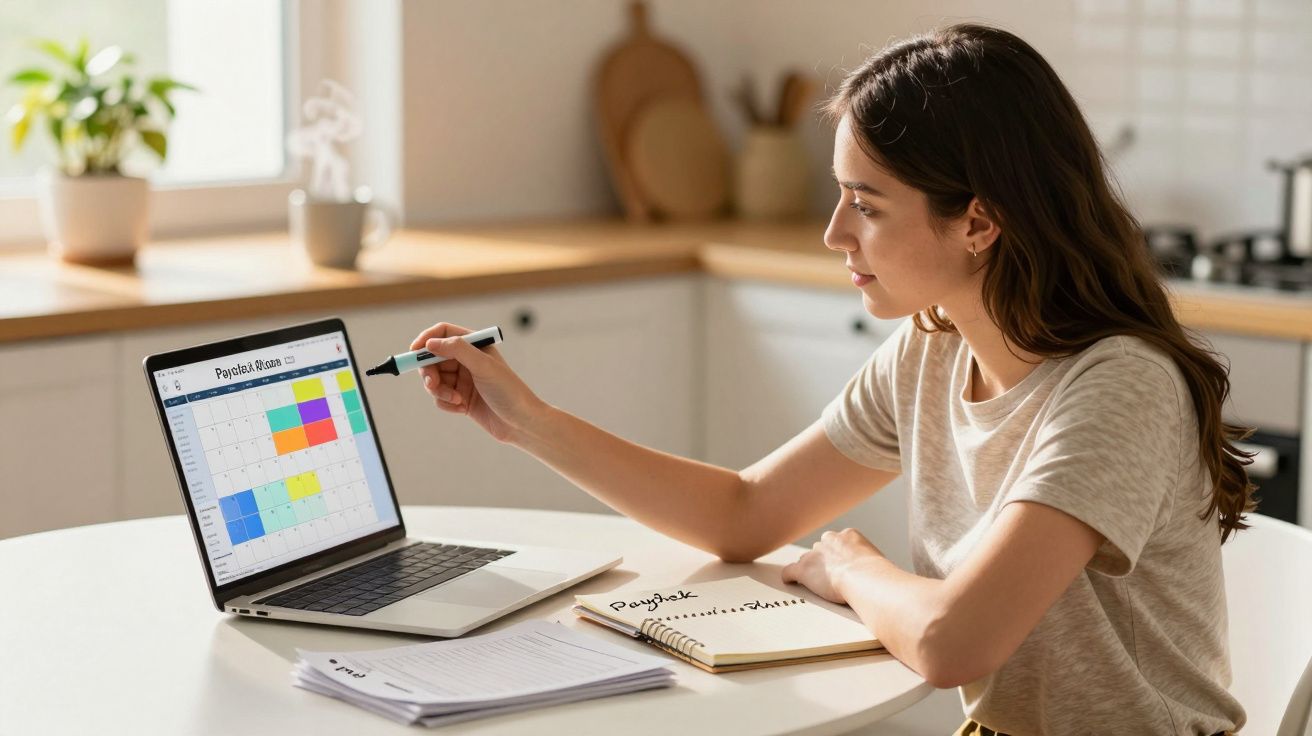 Mulher sentada a apontar para um calendário colorido no ecrã de um laptop numa cozinha iluminada.