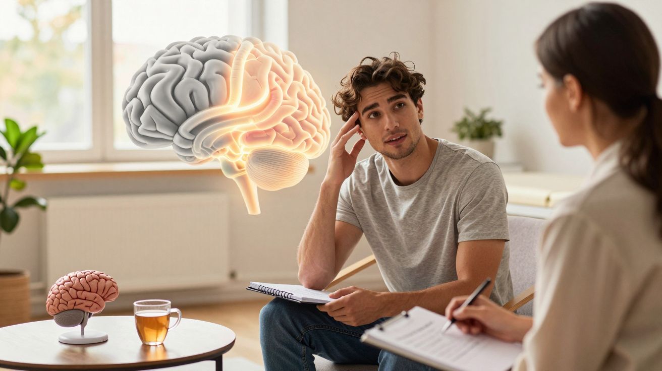 Homem em consulta com psicóloga, cérebro em destaque holográfico e modelo de cérebro na mesa à frente.