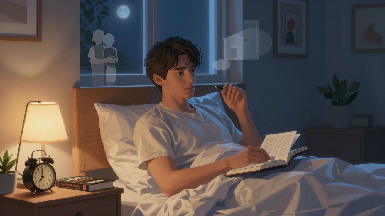 Homem sentado na cama a ler um livro, pensativo, com imagens de casal e casa a flutuar em sua mente.