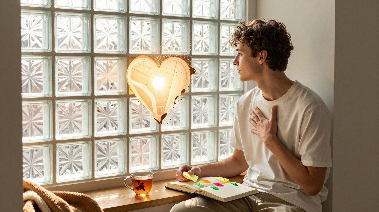 Jovem sentado junto a janela de vidro a olhar para coração luminoso, com chá e caderno numa mesa.