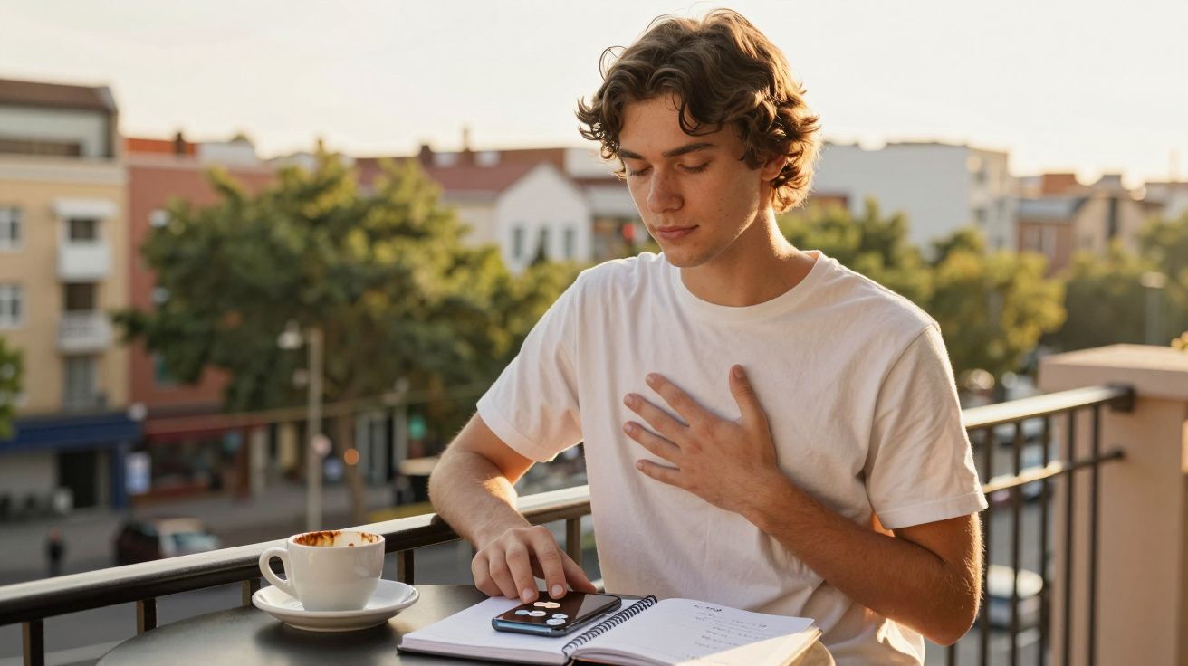 Jovem sentado numa esplanada a usar telemóvel com uma mão no peito, ao lado de uma chávena de café e caderno aberto.