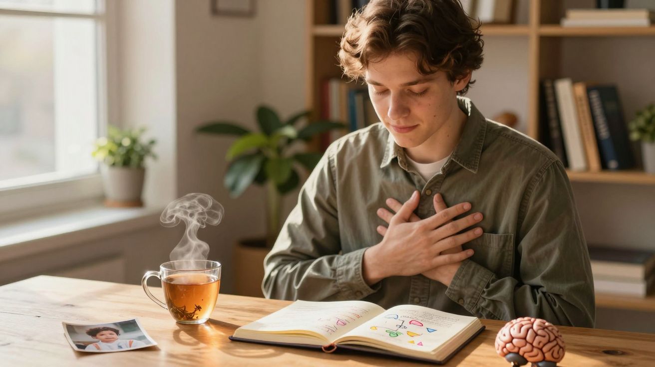 Jovem sentado numa mesa com mãos no peito a olhar para um caderno aberto com desenhos coloridos.