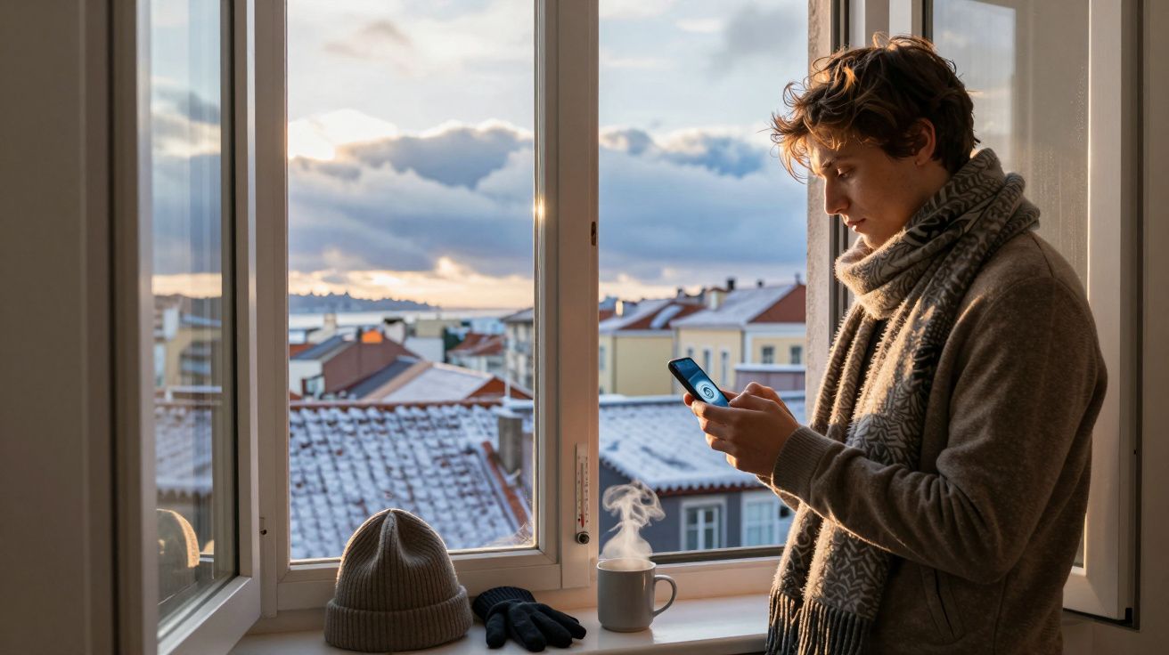Pessoa vestida para o frio olha para o telemóvel junto a janela aberta com vista para telhados cobertos de neve.