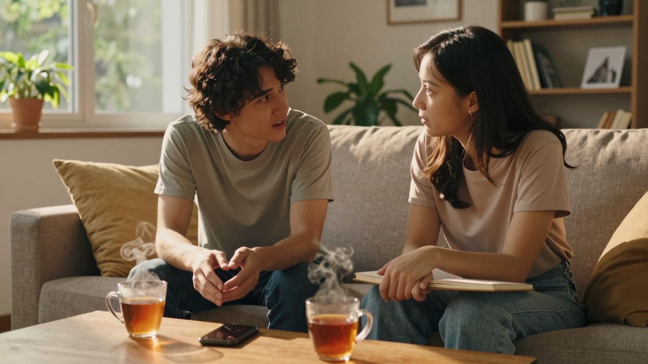 Dois jovens conversam sentados num sofá, com chá quente numa mesa em frente.