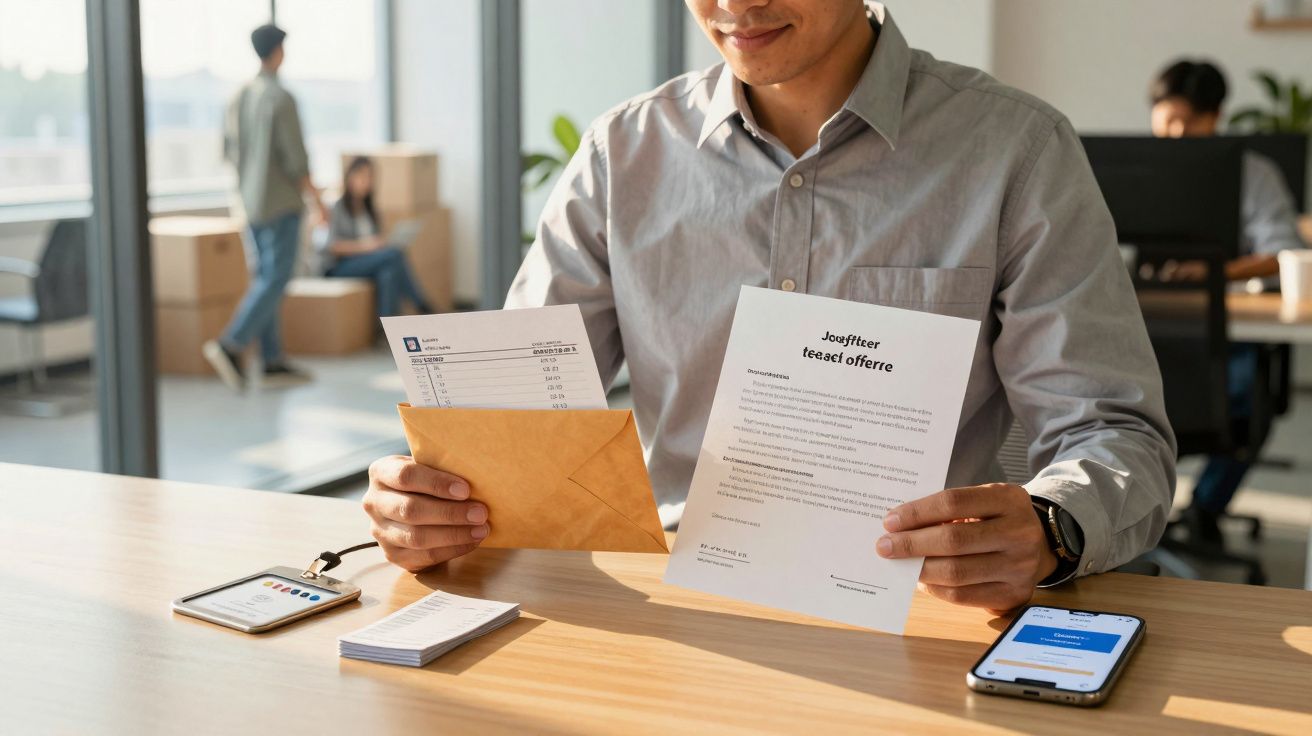 Homem sentado a abrir um envelope e a ler uma carta num escritório luminoso com outras pessoas ao fundo.