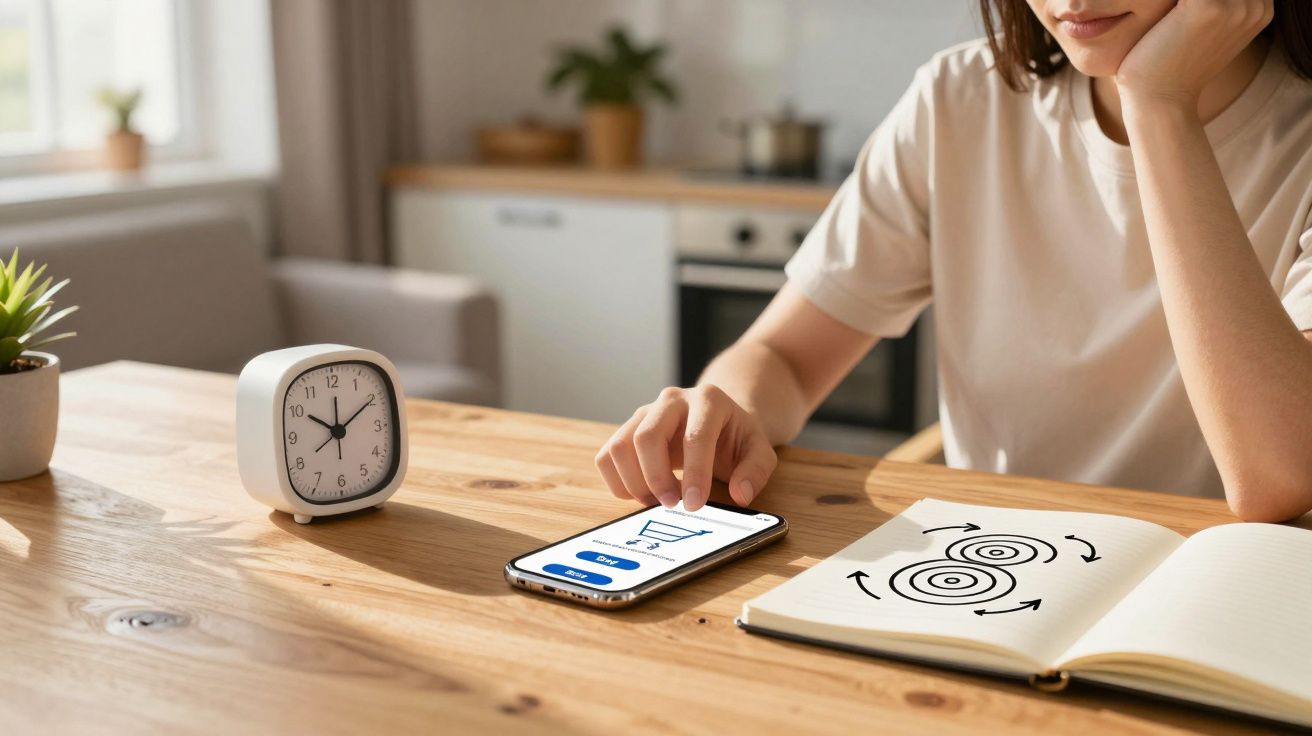 Pessoa a usar smartphone numa mesa de madeira com relógio, caderno e planta, numa sala iluminada.