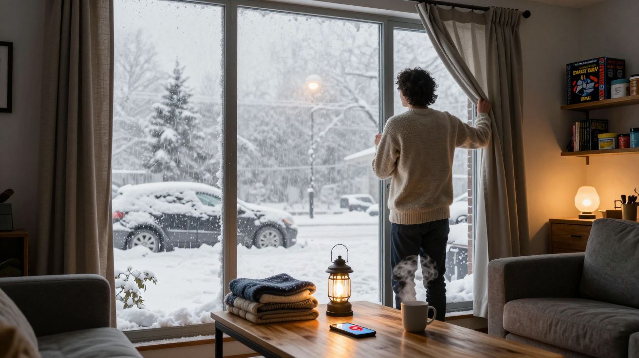 Homem de suéter observa pela janela grande uma paisagem urbana coberta de neve, dentro de sala acolhedora.