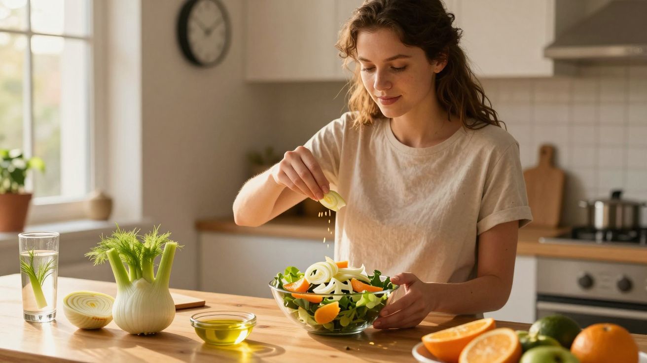 Mulher a temperar uma salada fresca com legumes numa cozinha iluminada e moderna.