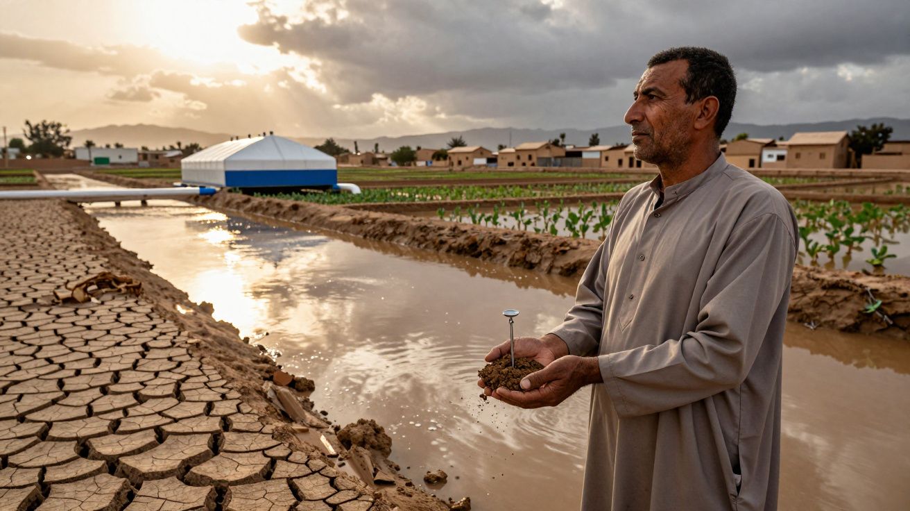 Homem de camisa longa segura terra junto a canal de irrigação com solo seco e plantas ao fundo ao pôr do sol.