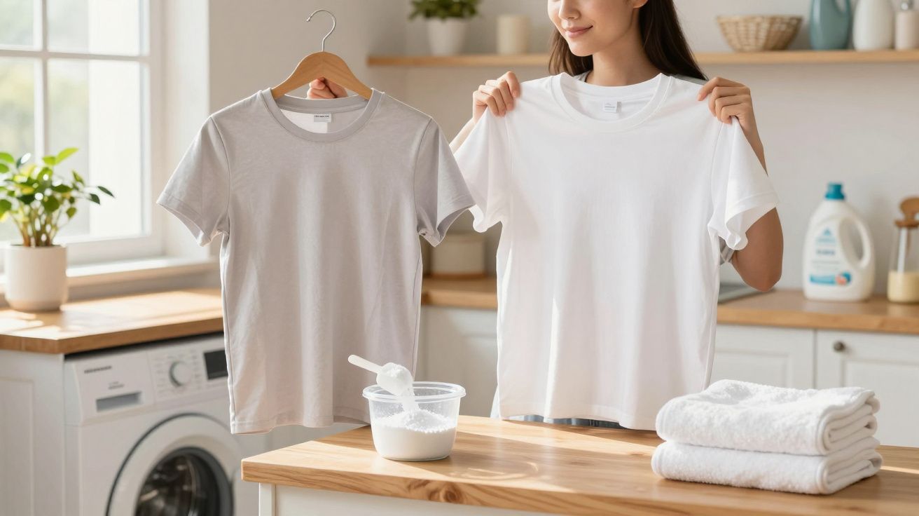 Mulher compara duas t-shirts limpas na cozinha com máquina de lavar e produtos de detergente ao fundo.