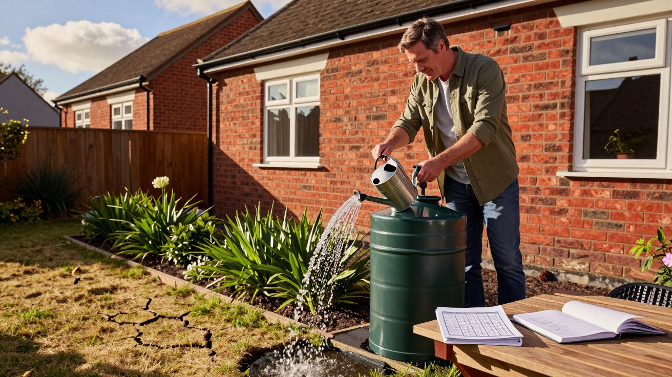 Homem a regar plantas com regador a partir de reservatório de água debaixo de sol num jardim.