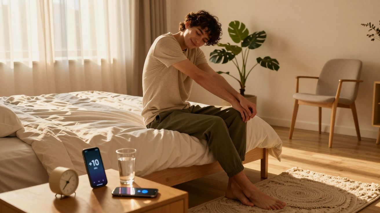 Jovem a espreguiçar-se sentado na cama num quarto iluminado pela luz natural da manhã.