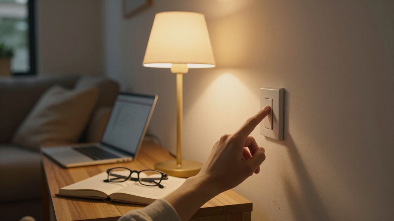 Pessoa a desligar interruptor de luz num ambiente de trabalho com mesa, candeeiro, portátil e óculos.