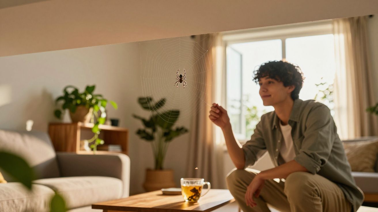 Jovem observando uma aranha numa teia no interior de uma sala iluminada e decorada com plantas.