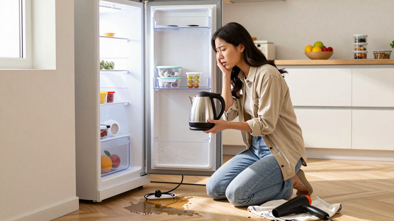 Mulher agachada na cozinha com chaleira elétrica na mão, ao lado de frigorífico aberto e água espalhada no chão.