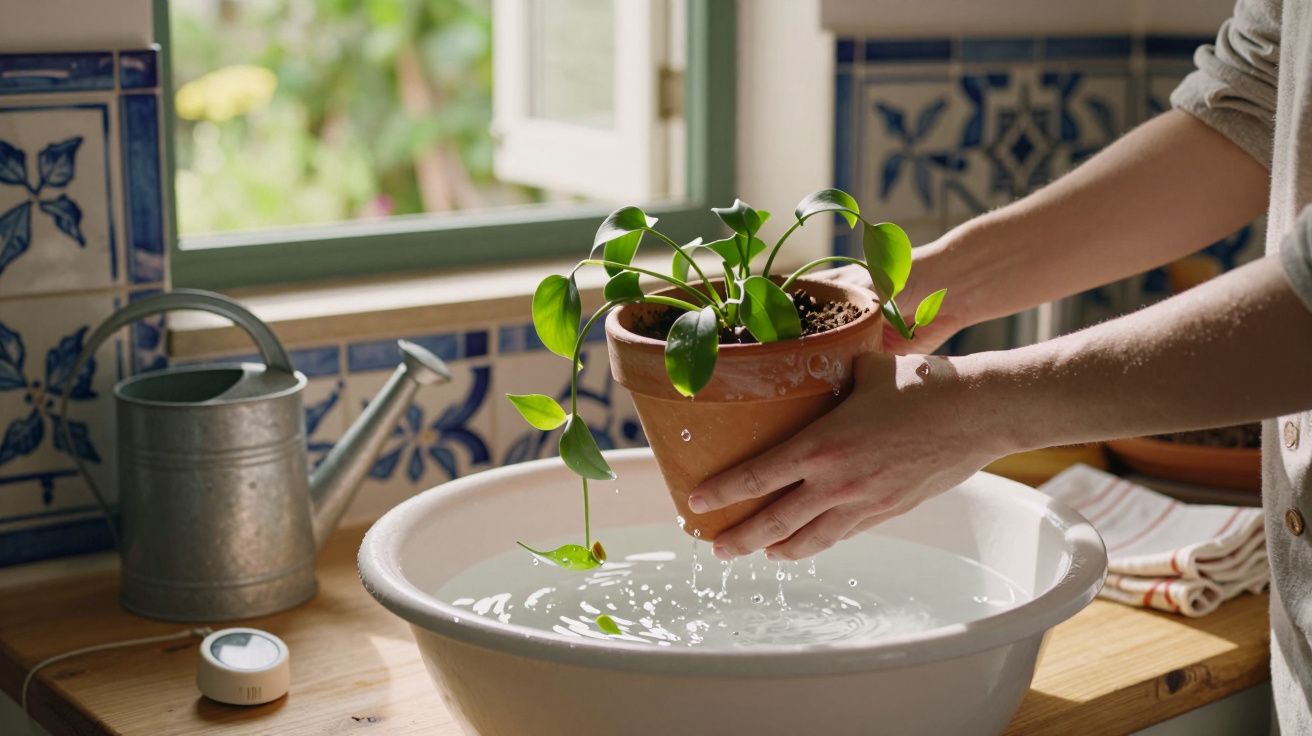 Pessoa a lavar planta em vaso de barro num lava-loiça com jarro de metal ao lado.