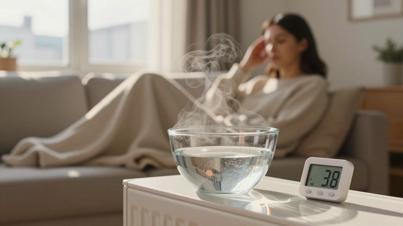 Mulher sentada no sofá, coberta com manta, com recipiente de água quente a vapor e termómetro marcando 38°C.