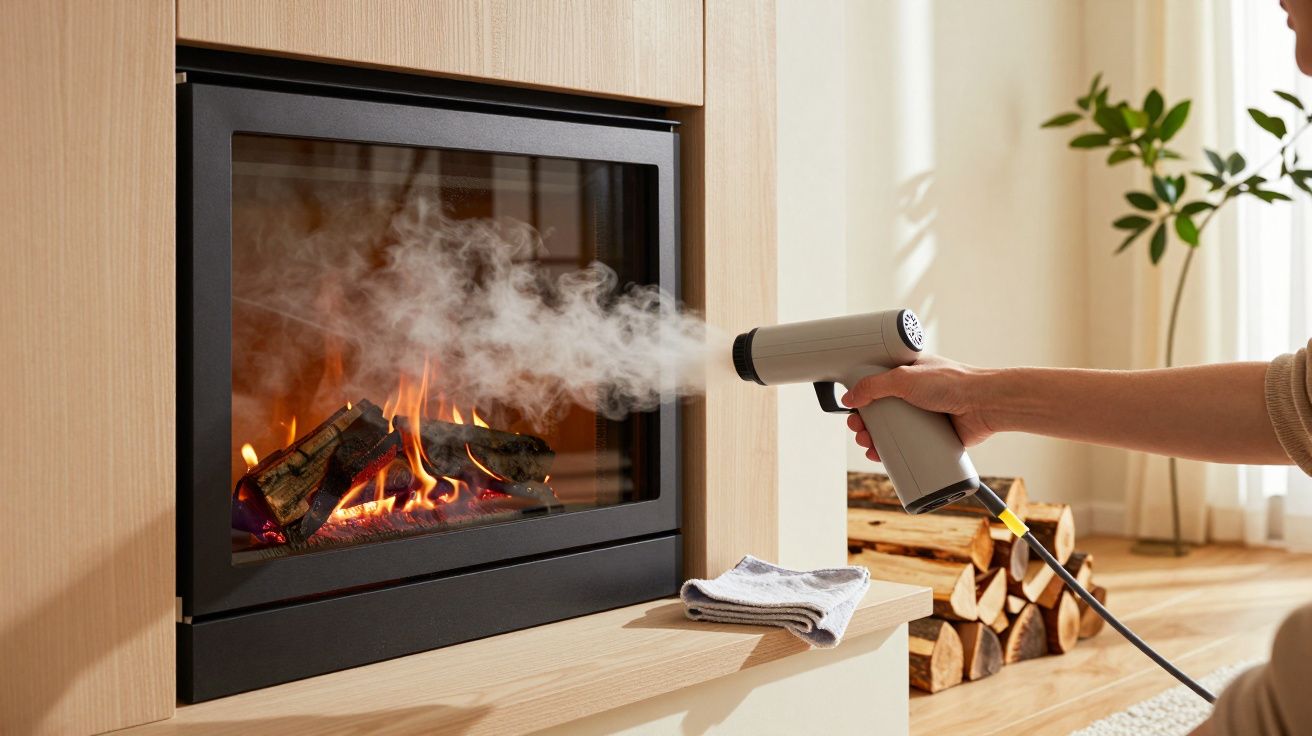 Mão a usar secador de cabelo para afastar fumo de lareira com lenha acesa numa sala iluminada.