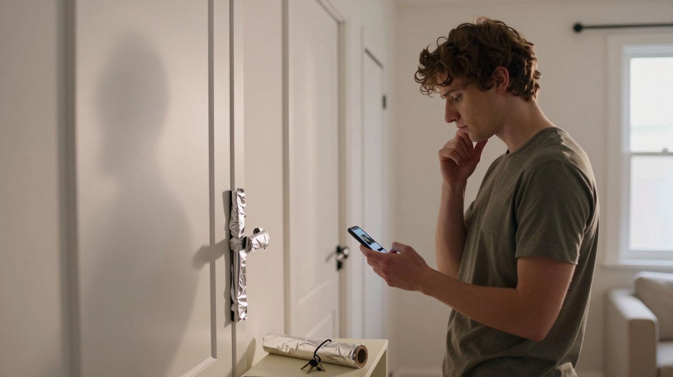 Jovem pensa enquanto olha para o telemóvel numa divisão com portas e luz natural pela janela.