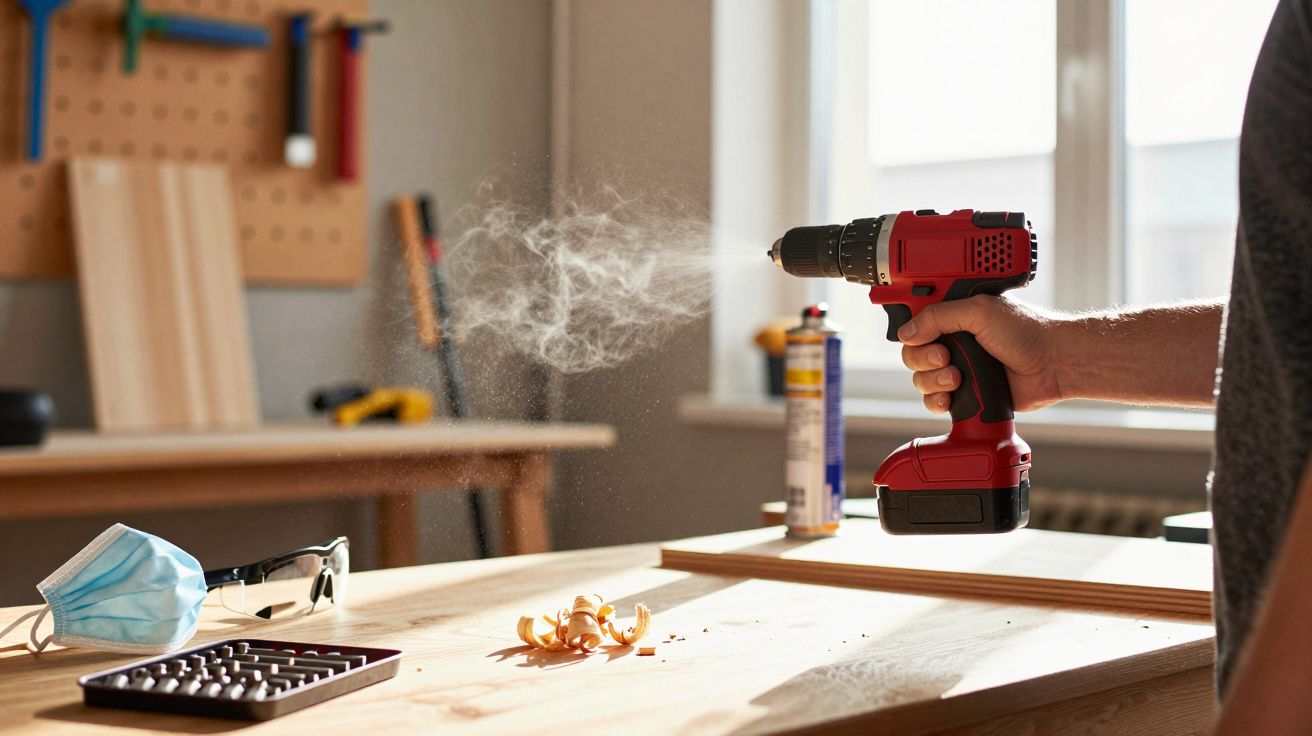 Pessoa a utilizar uma furadeira vermelha num atelier com máscara e óculos de proteção sobre a mesa.