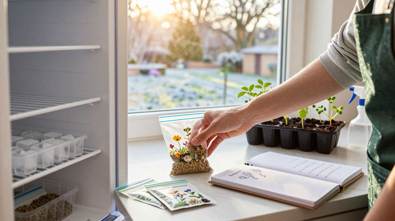Pessoa a preparar sementes para germinar num saco plástico junto à janela numa cozinha.