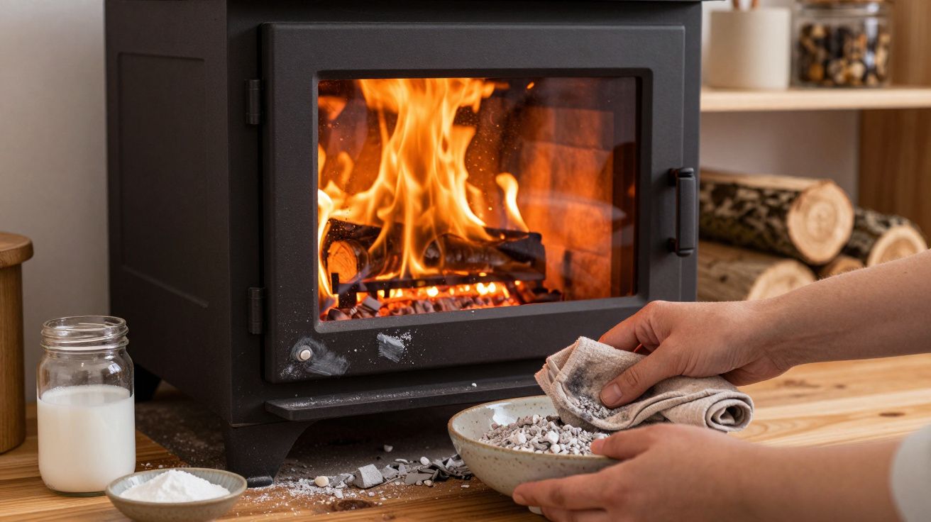 Lareira a lenha acesa com duas mãos a limpar cinzas numa tigela junto a vidro e utensílios na madeira.