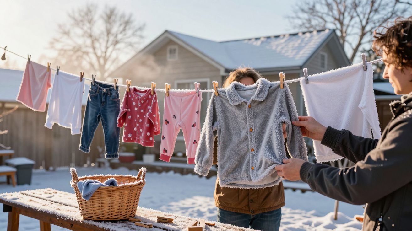 Roupas de bebé penduradas num estendal ao ar livre, com neve no chão e duas pessoas a arrumar a roupa.