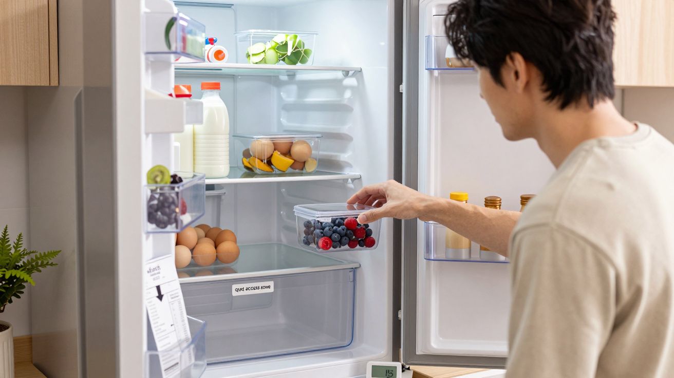 Pessoa a guardar frutas frescas num recipiente dentro de um frigorífico aberto, com ovos e leite visíveis.