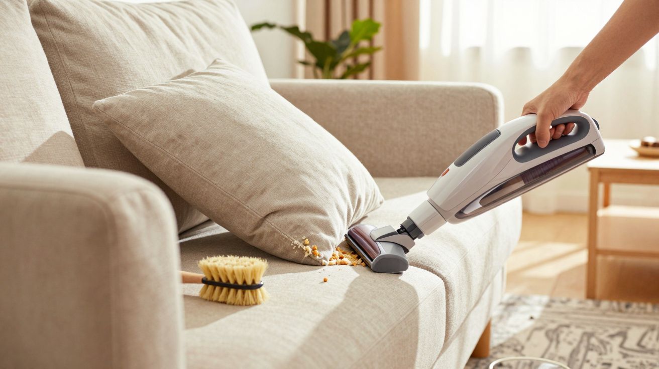 Pessoa a aspirar migalhas de pão num sofá bege com um aparelho de aspiração portátil.